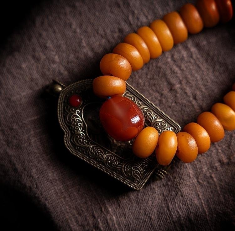 natural raw amber prayer beads bracelet with turquoise accents – tibetan handheld mala