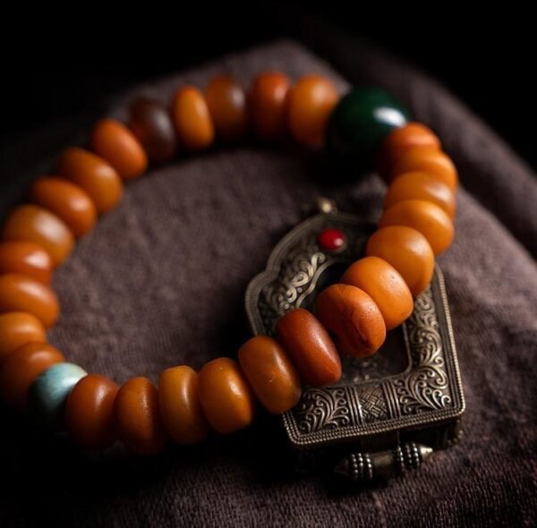 natural raw amber prayer beads bracelet with turquoise accents – tibetan handheld mala