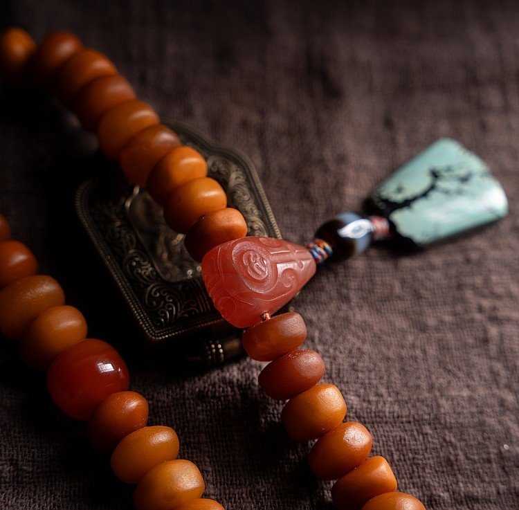 natural raw amber prayer beads bracelet with turquoise accents – tibetan handheld mala