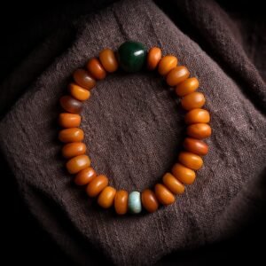 natural raw amber prayer beads bracelet with turquoise accents – tibetan handheld mala
