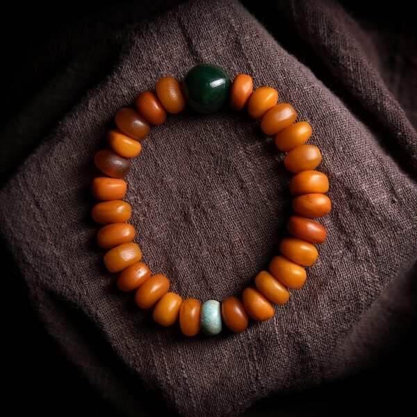 natural raw amber prayer beads bracelet with turquoise accents – tibetan handheld mala
