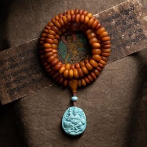 natural old baltic amber mala beads with turquoise 108 beads tibetan buddhist prayer necklace
