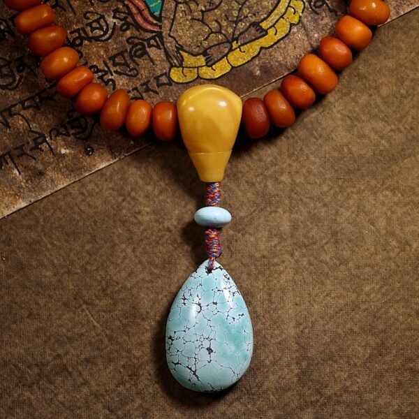 natural old baltic amber mala beads with turquoise 108 beads tibetan buddhist prayer necklace