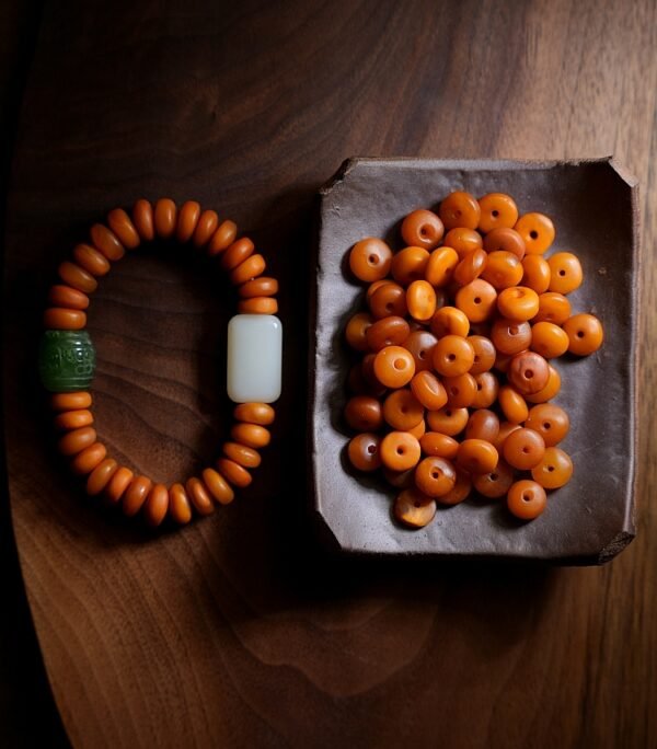 natural raw amber prayer beads bracelet with turquoise accents – tibetan handheld mala